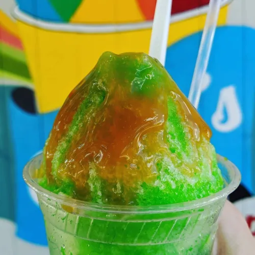 Casey's caramel apple flavored snowball, hand-shaved and topped