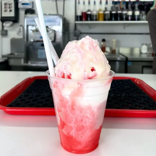 Strawberry cream snowball, a New Orleans-style flavor popular at corporate events